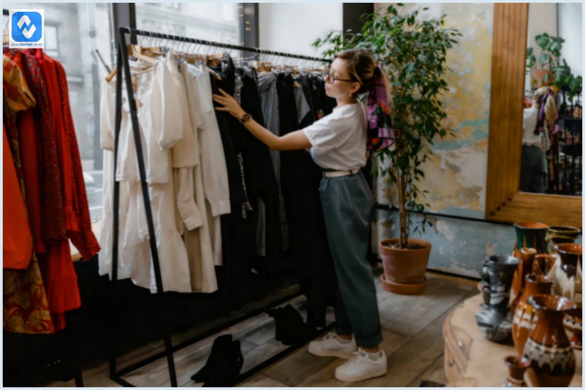 Uma mulher e uma arara cheia de roupas coringa feminina