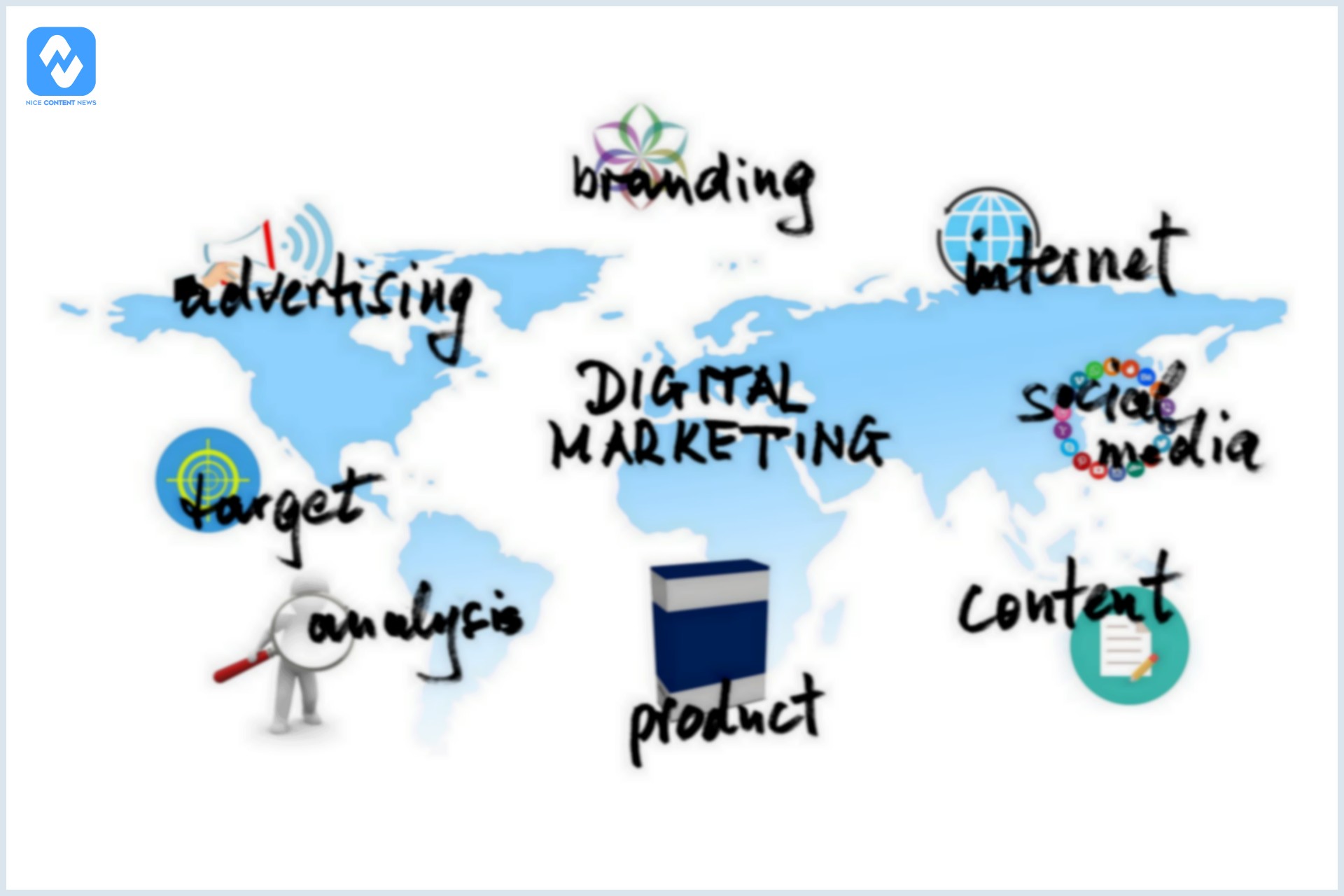 Mapa do mundo com vários serviços de marketing digital